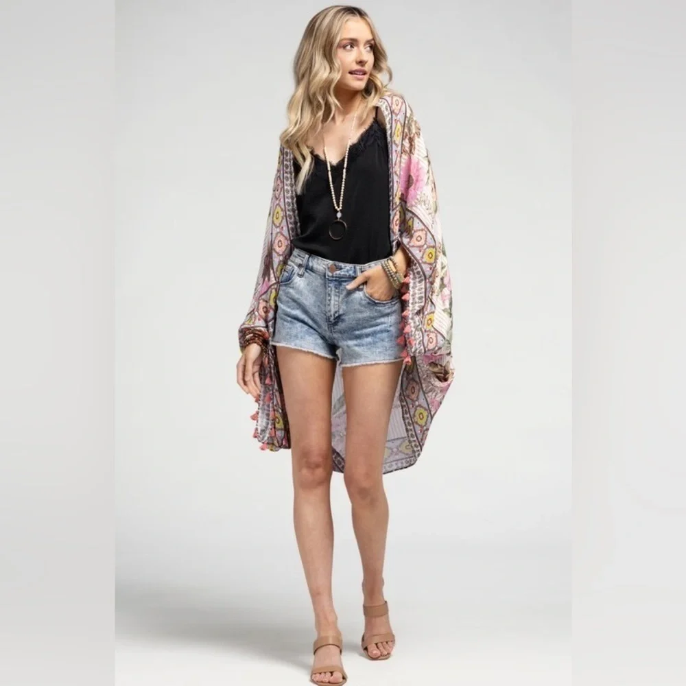 Women's Moroccan Flower Cocoon Kimono with Tassel Accent One Size - Picture 5 of 5